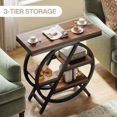 End Table for Living Room, 3-Tier Narrow Side Table with Storage, Wood Sofa Side Table with Geometric Metal Frame for Bedroom