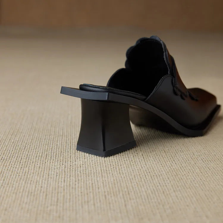 NEW Summer Women Mules Genuine Leather Shoes for Women Square Toe Chunky Heel Shoes Cover Toe Slingback Sandals Modern Slippers
