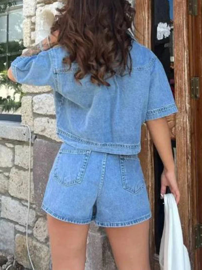 Women’s 2 Piece Denim Outfits Short Sleeve Lapel Jean Tops and Asymmetrical Shorts Set Streetwear