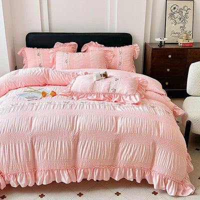 2025 Korean Princess Style Lace Ruffles Wedding Bedding Set Washed Cotton Soft Duvet Cover Set Bed Sheet Pillowcase 3/4Pcs