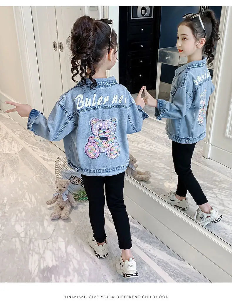 3 4 6 8 10 12 Years Teen Girls Denim Jacket Spring New Fashion Bear Sequin Cowboy Coats For Girls Children Outwear Birthday Gift