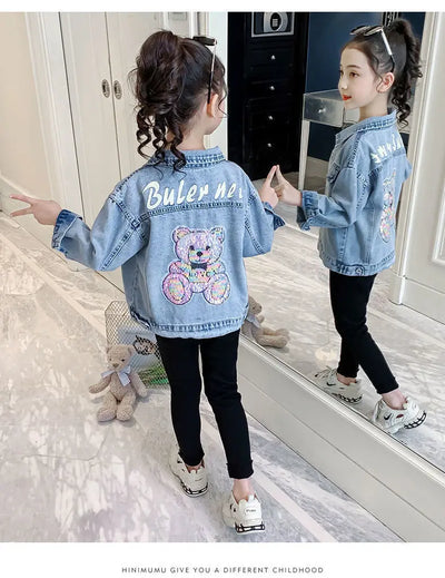 3 4 6 8 10 12 Years Teen Girls Denim Jacket Spring New Fashion Bear Sequin Cowboy Coats For Girls Children Outwear Birthday Gift