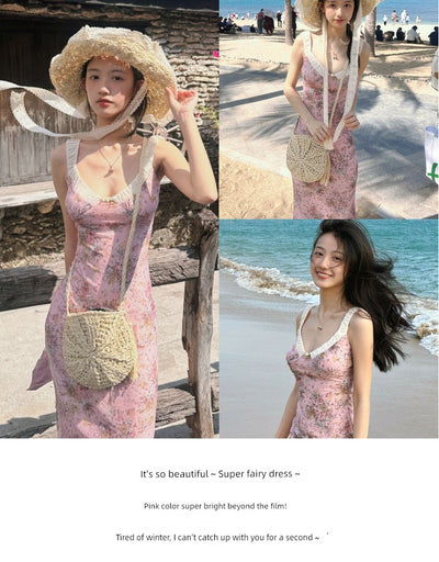 French Floral Strap Dress Women's Summer Tight Waist Long Skirt Beach Skirt Seaside Vacation Skirt
