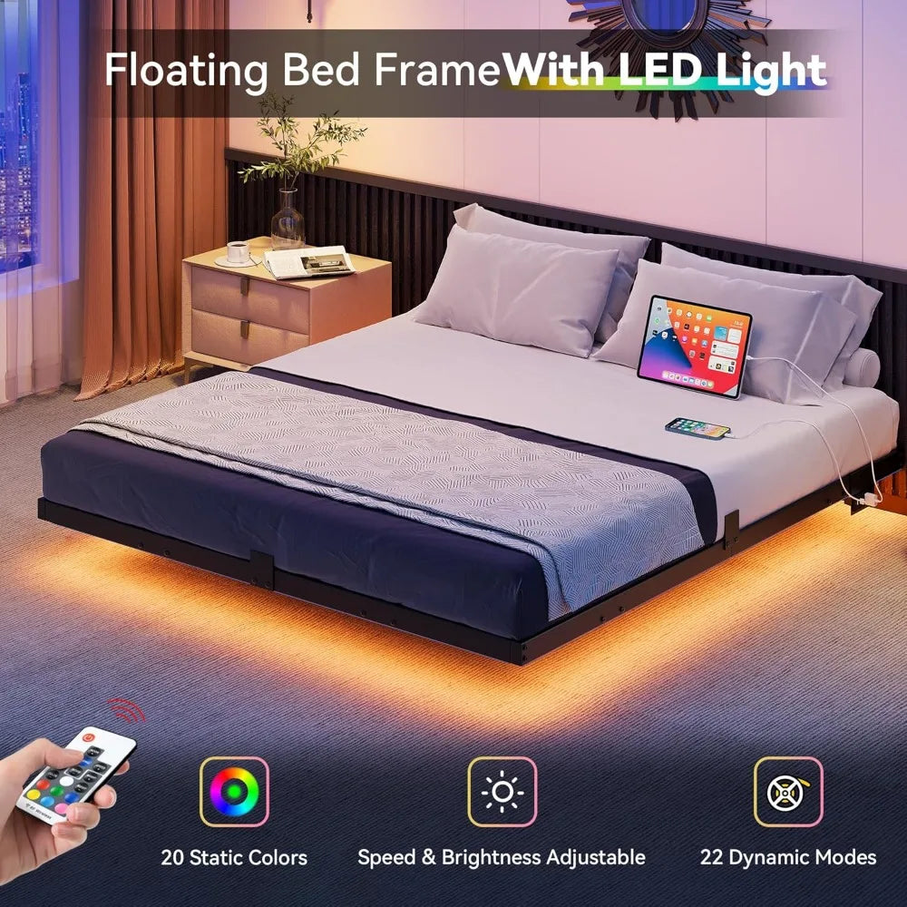 Floating Bed Frame Queen Size, LED Bed Frame with Charging Station, Metal Platform Queen Bed with Heavy Duty Steel Slats