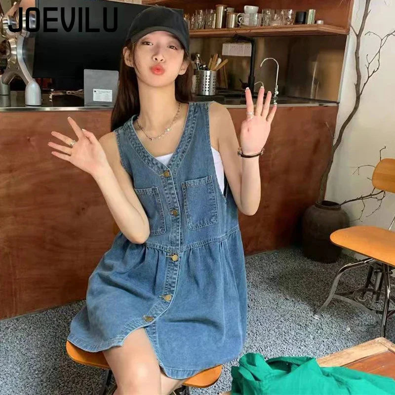 Women's sleeveless halter dress  Summer Single Breasted Pocket Denim Dress  Women's Korean loose A-line mini dresses