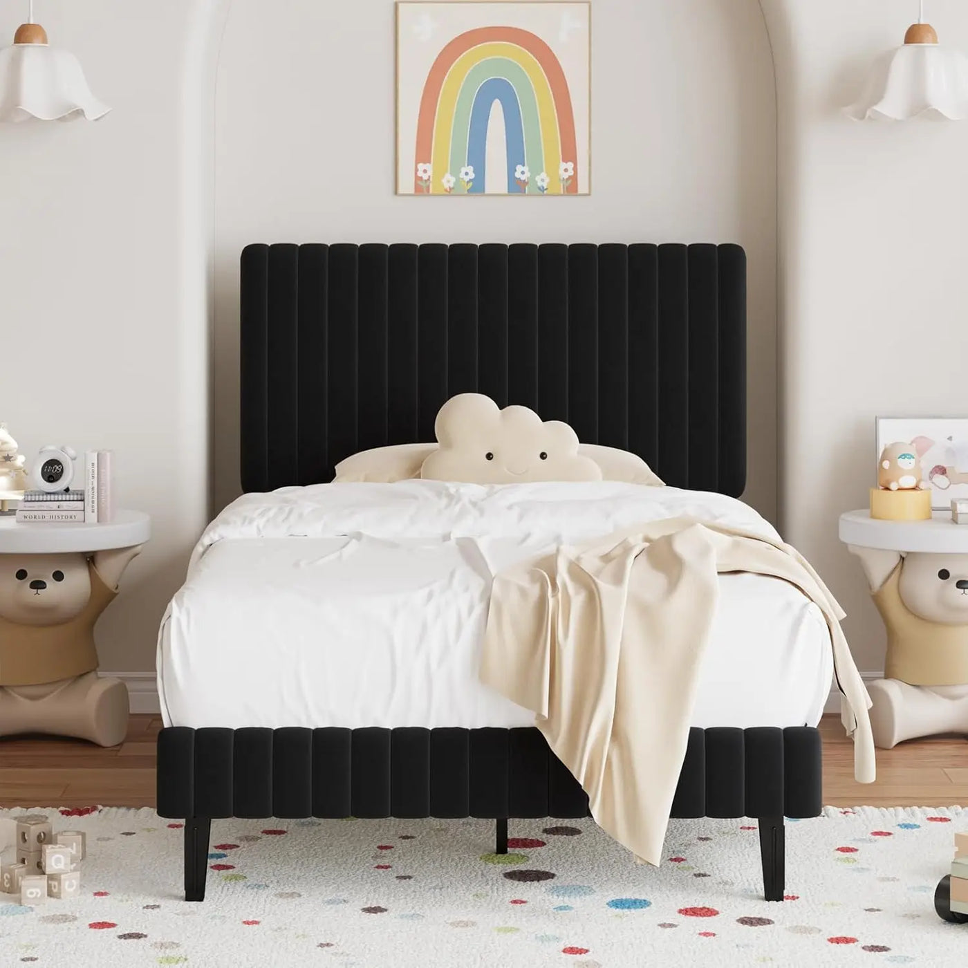 Twin Bed Frame, Velvet Upholstered Platform Bed with Vertical Channel Tufted Headboard and Footboard, No Box Spring Required