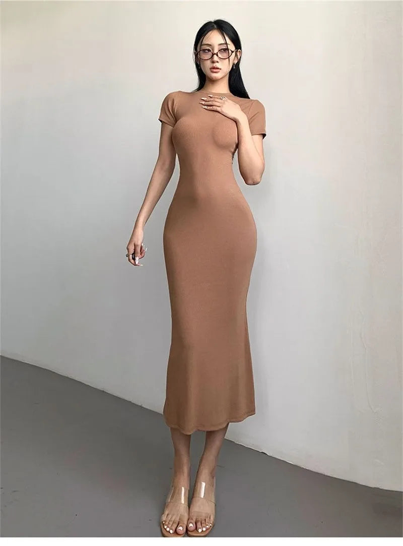 Women's Sexy Slim Fishtail Dresses Temperament Long Dress Short-sleeved Pure Desire To Show Figure Tight Beautiful Hip Skirt