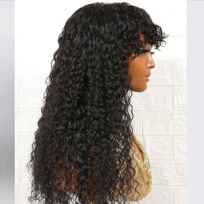 12A Cheap Water Wave Brazilian Human Hair Wig With Bangs Machine Made Wigs for Black Women Deep Wave Curly Wigs On Promotion