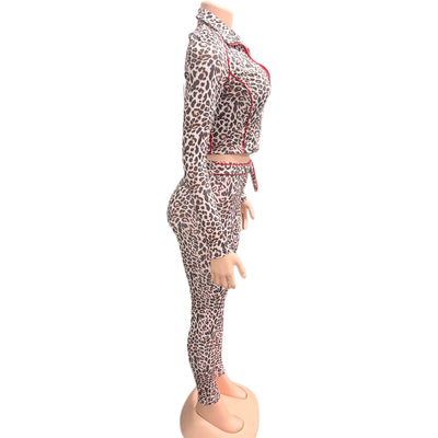 Weird Puss Leopard Print 2 Piece Set Women Tracksuit Casual Crop Jacket+Metal Sash Leggings Street Matching Club Stretch Outfits