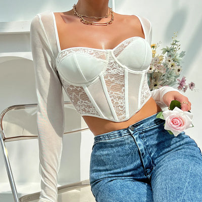 Sexy Lace Mesh Long sleeved Bustier Women's Y2k Corset Gauze Backless Slim Crop Top Square Neck Casual Tank Top T-shirt Camisole
