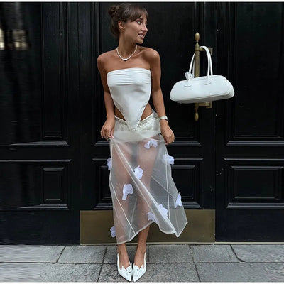 Y2K 3D Floral Gauze Long Skirts For Women 2025 Summer Spring Street See Through High Waist Maxi Skirt Lady Vacation Beach Skirt