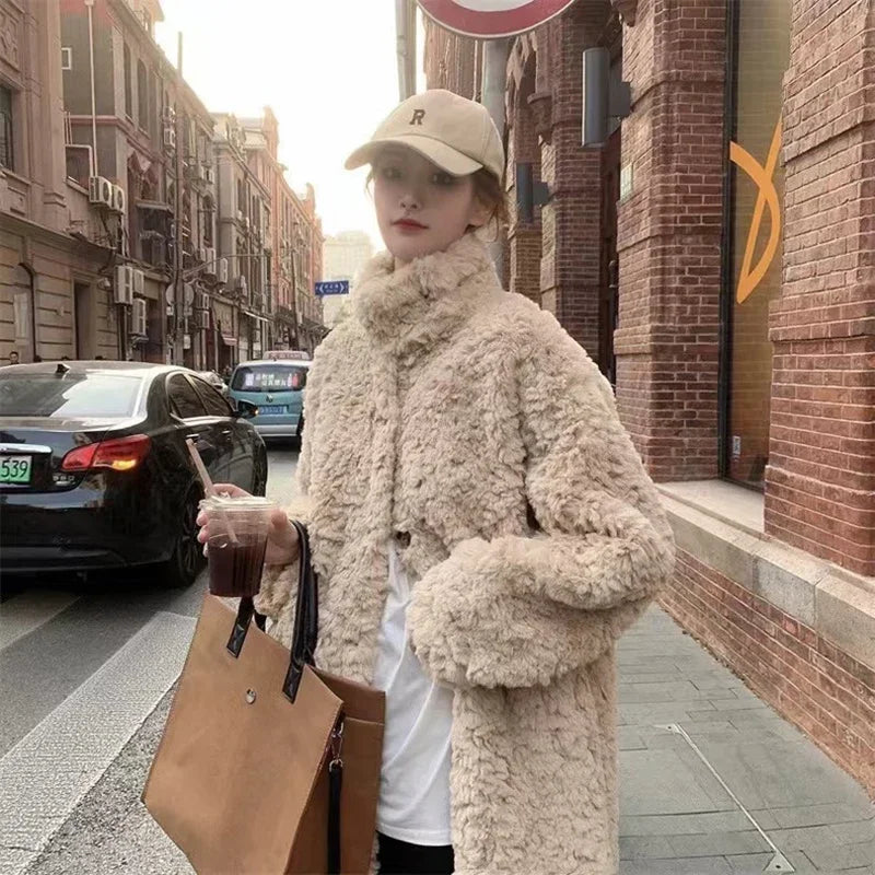 Lamb Wool Long Jackets Women Winter Warm Stand Collar Loose Fur Outerwear Y2K Korean Fashion Long Sleeve All Match Fake Fur Coat