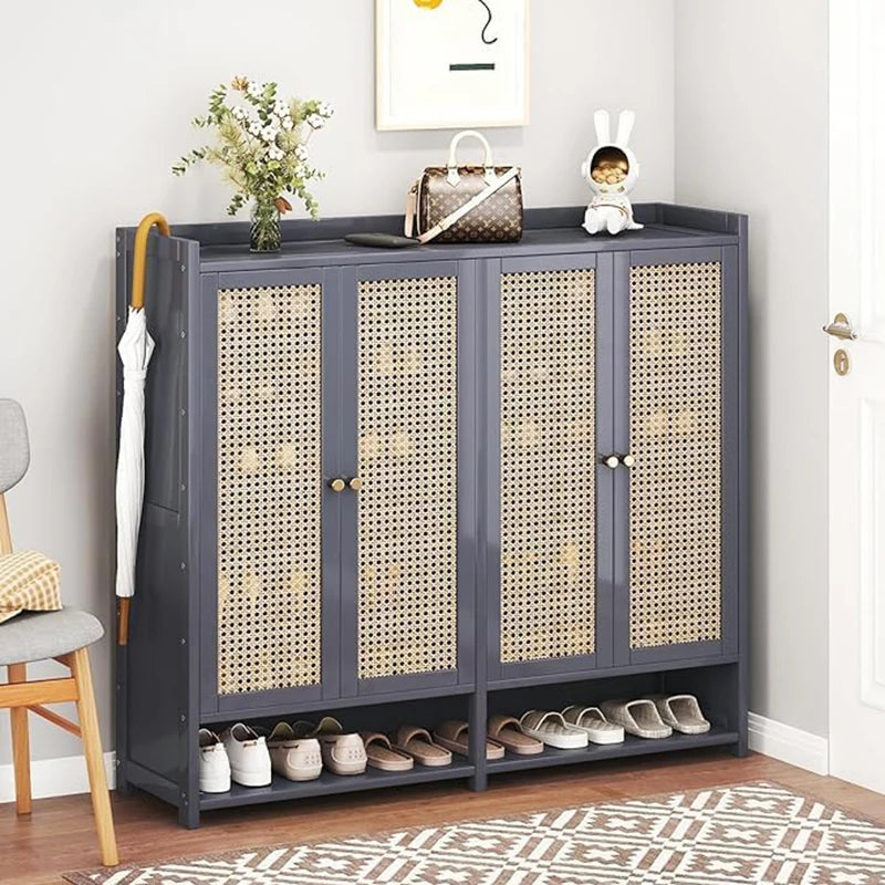 8 Tier Bamboo Shoe Storage Cabinet with Doors, 38-42 Pairs Shoe Rack for Closet, Rattan Storage Cabinet with Doors for Hallway L