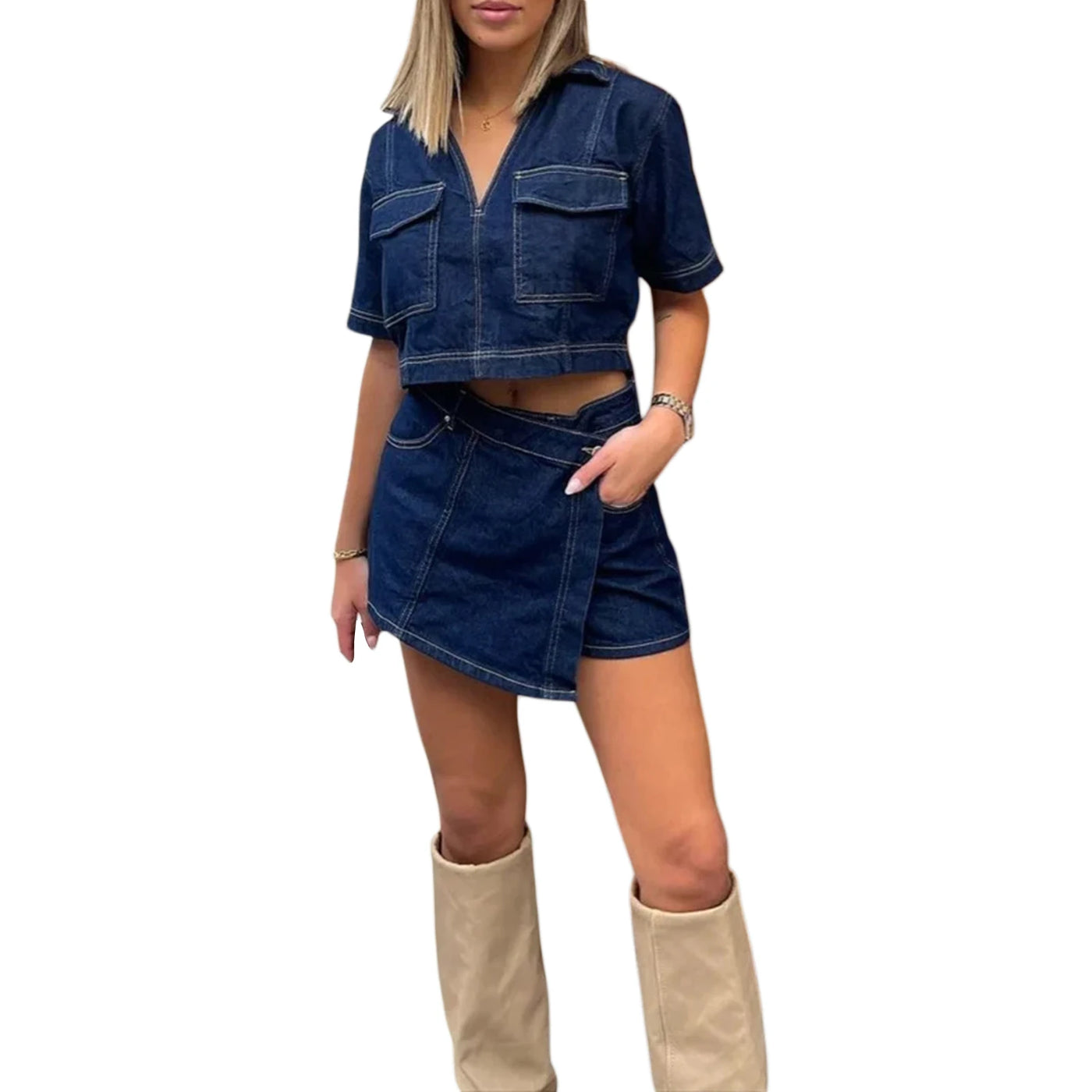 Women’s 2 Piece Denim Outfits Short Sleeve Lapel Jean Tops and Asymmetrical Shorts Set Streetwear