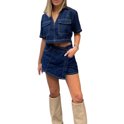 Women’s 2 Piece Denim Outfits Short Sleeve Lapel Jean Tops and Asymmetrical Shorts Set Streetwear