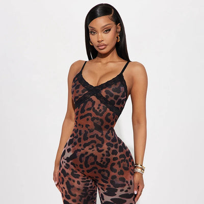 CUTENOVA New Women'S Leopard Print Lace Trim Patchwork Camisole Jumpsuit Bodycon Seven Points Jumpsuit Fashion Streetwear Romper