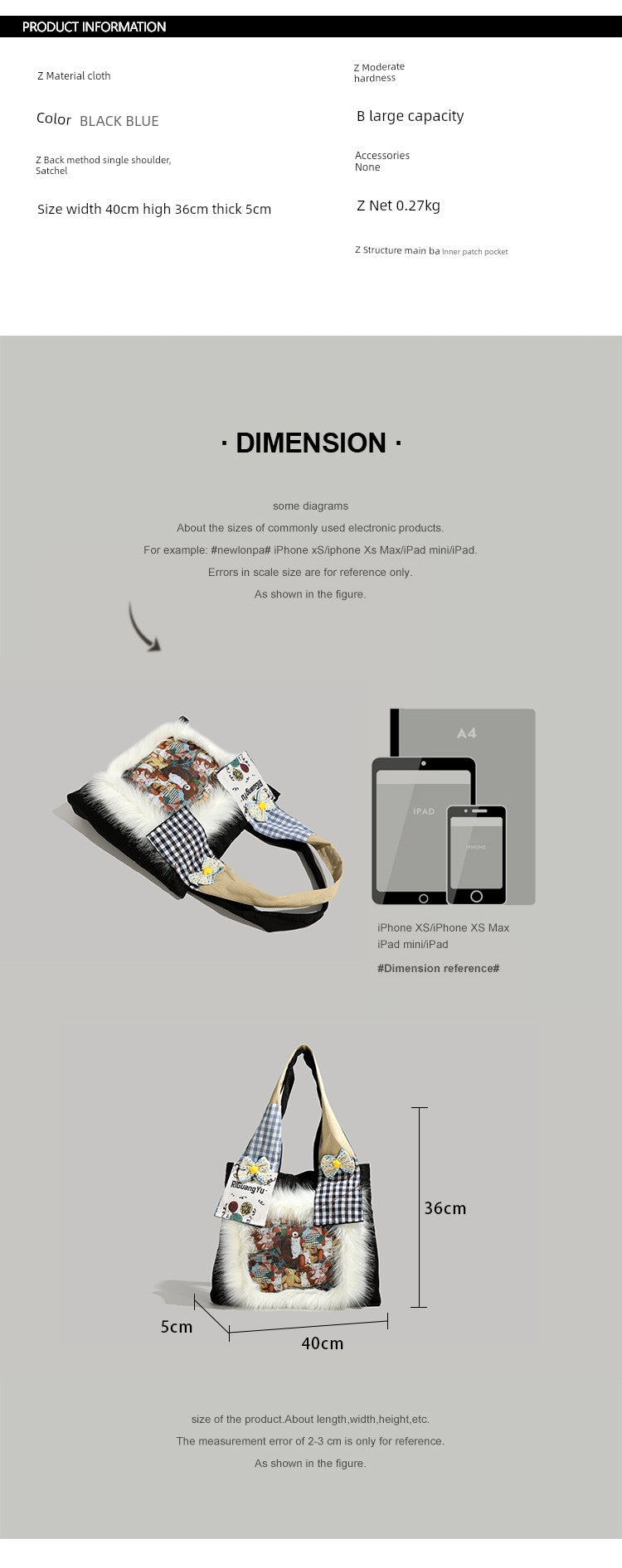Y2g Cute Funny Stylish Niche Style Patchwork Stuffed Fur Bag College Student Work Clothing Cartoon Canvas Shoulder Bag