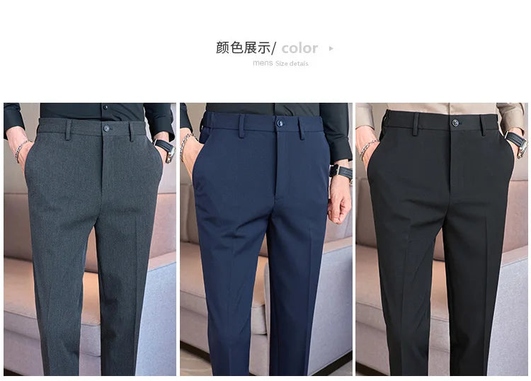 High End Elastic Waistband Suit Pants for Men Embroidered Business Casual Pants Solid Colror Versatile Social Office Trousers
