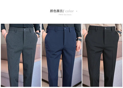 High End Elastic Waistband Suit Pants for Men Embroidered Business Casual Pants Solid Colror Versatile Social Office Trousers