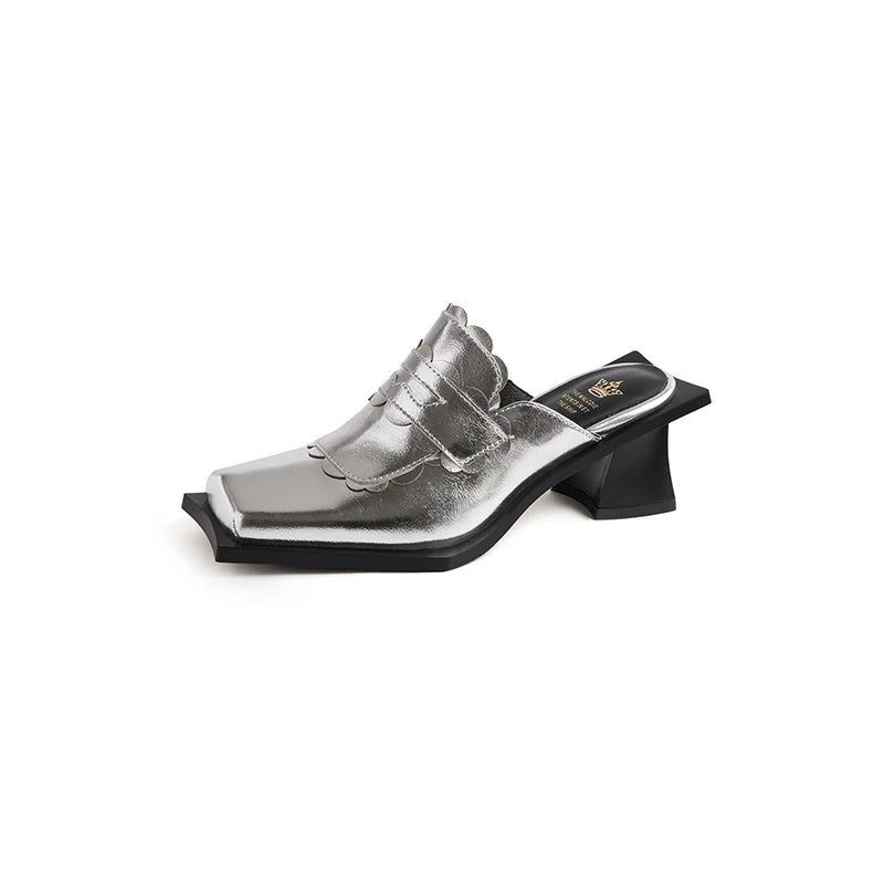 NEW Summer Women Mules Genuine Leather Shoes for Women Square Toe Chunky Heel Shoes Cover Toe Slingback Sandals Modern Slippers