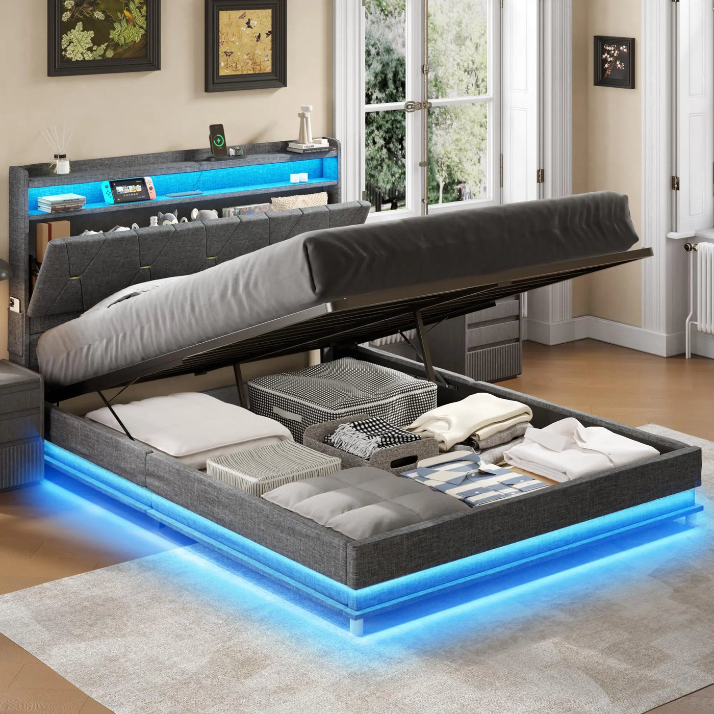 Vabches Lift Up Bed Frame with Storage Headboard&Power Outlet, LED Lights Upholstered Platform Bed Frame for Bedroom Noise-Free