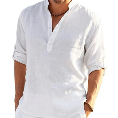 Men Cotton Linen T-shirts Summer V Collarless Long Sleeve Solid Sand Beachwear Office Man Tee Shirt Tops BSDFS-ZT167