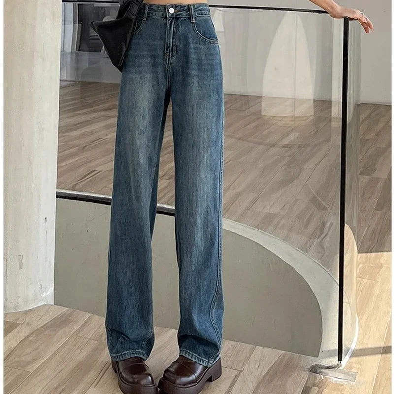 Woman High Waist Stacked Straight Leg Jeans Female Gothic Loose Wide Leg Pants Girls Y2k Black Blue Light Blue Denim Trousers