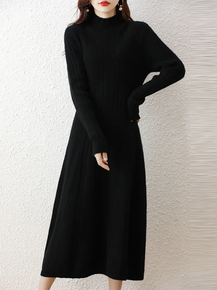 Elegant Fashion Dresses Cashmere Sweater Knitted Long Dress 100% Merino Wool Women Turtleneck Office Skirt Autumn Winter Clothes