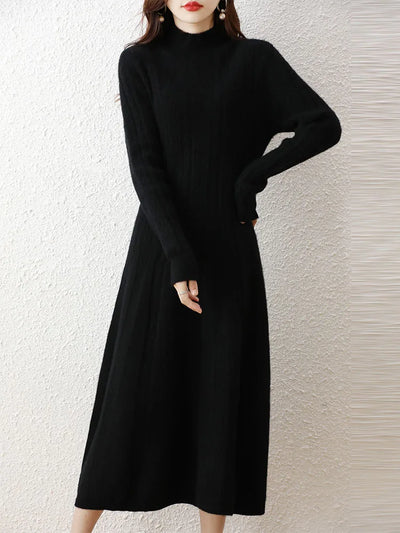 Elegant Fashion Dresses Cashmere Sweater Knitted Long Dress 100% Merino Wool Women Turtleneck Office Skirt Autumn Winter Clothes