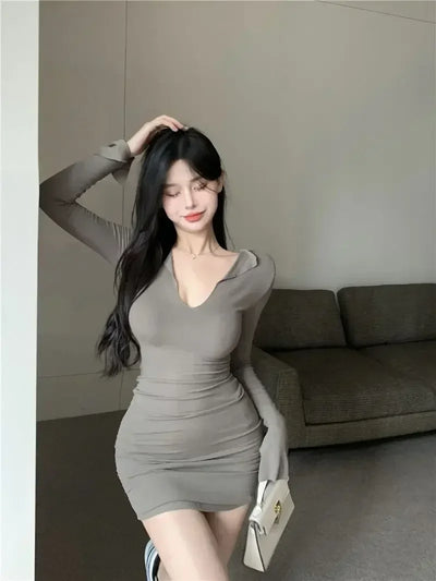 Autumn Spicy Girl Purple Long sleeved Dress Women's Pure Desire Style Underlay V-neck Temperament Waist Tight Wrapped Hip Skirt