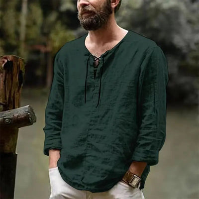 Cotton Linen Drawstring T Shirt Men's V Neck Blouse Solid Color Long Sleeves Casual Cool Tops Vikings Costume For Men M-6XL