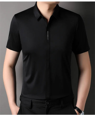 Summer New High-grade Hidden Button Men's Light Luxury Short Sleeve Shirts Men High Elastic Business Anti-wrinkle Ice Silk Shirt
