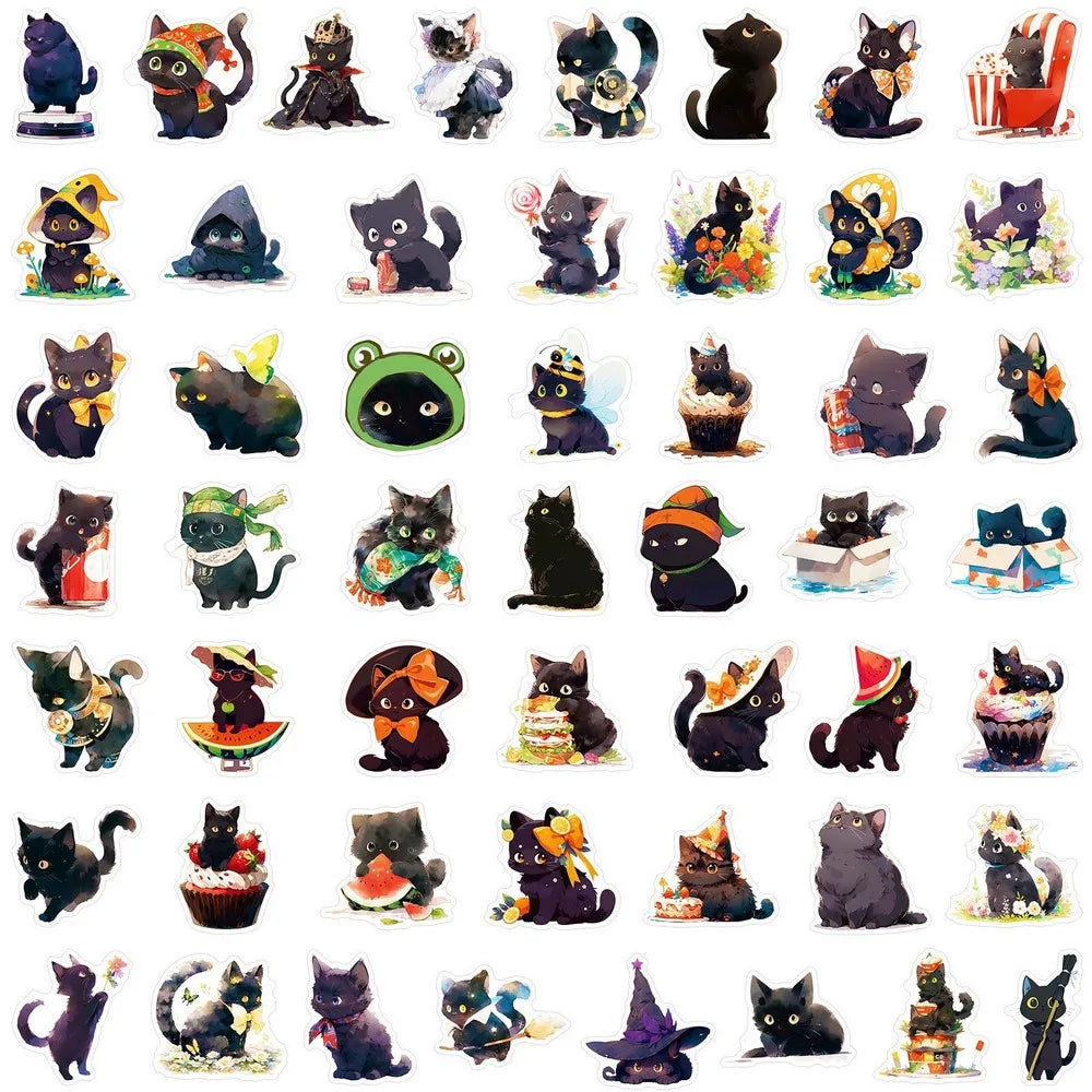 50/100pcs Cute Black Cat Stickers Laptop Phone Case Notebook Scrapbooking Car Vinyl Waterproof Cartoon Cats Decal Kids Gift Toy