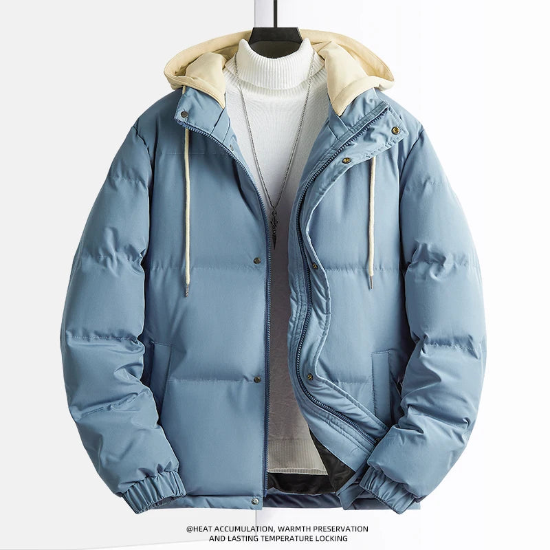 New Solid Color Hooded Collar Male Windbreak Cotton Padded Down Jacket Warm Thick Men Parka Winter Casual Mens Outwear Parkas
