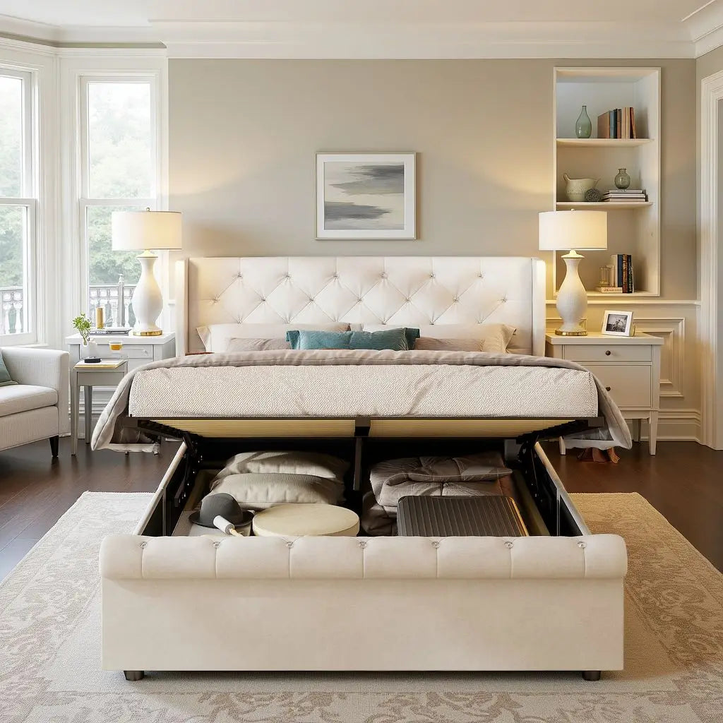 Double bed, 140x190 cm, equipped with LED strip and USB port, with a hydraulic storage chest, velvet fabric