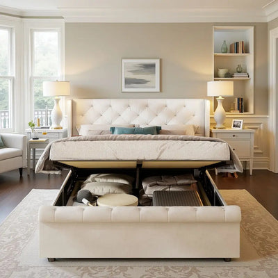 Double bed, 140x190 cm, equipped with LED strip and USB port, with a hydraulic storage chest, velvet fabric