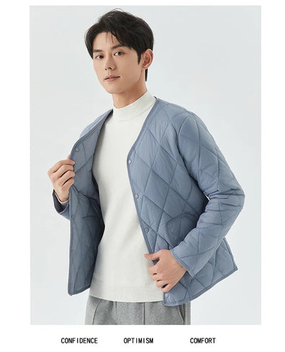 Men's Winter New Lightweight Single-breasted Padded Jacket with Pockets, Young Man Solid Color Argyle Casual Warm Padded Jacket