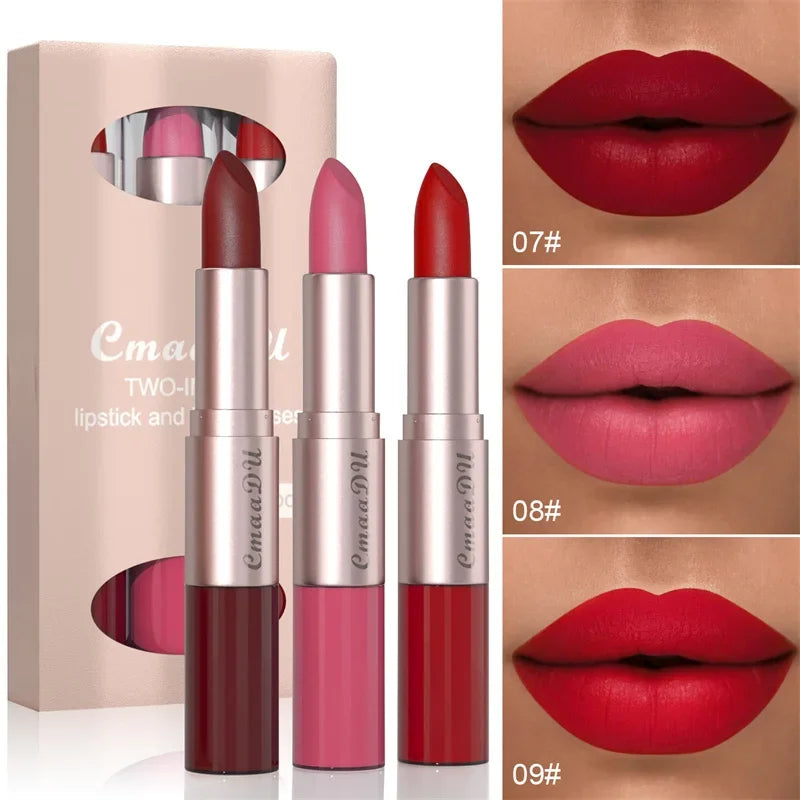 2 In 1 Double-ended Lipstick Lip Liner Pen Matte Pigment Non-stick Cup Skin Color 24H Lasting Waterproof Makeup Beauty Cosmetics
