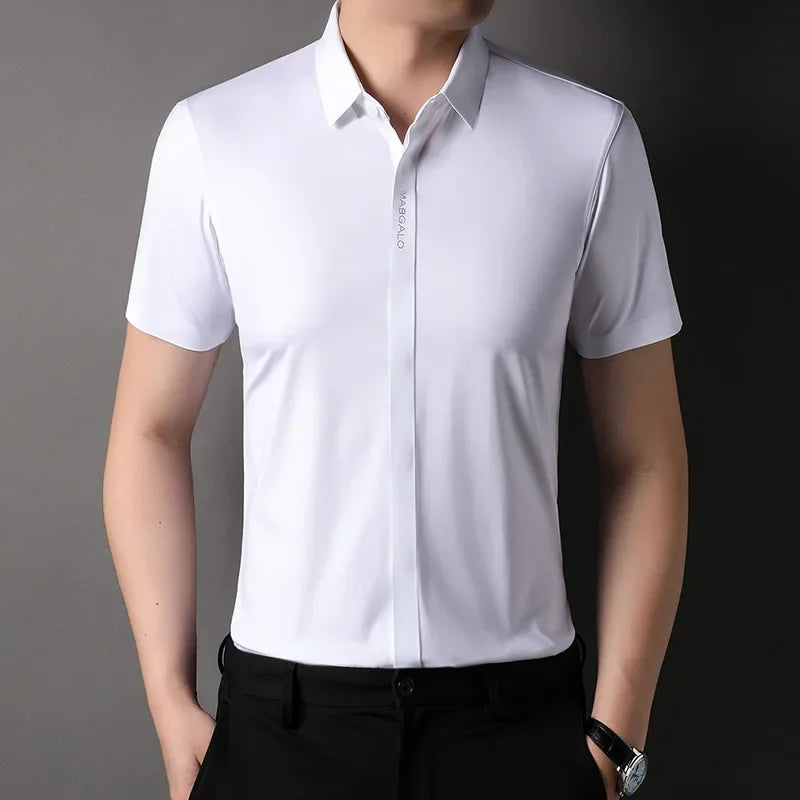 Summer New High-grade Hidden Button Men's Light Luxury Short Sleeve Shirts Men High Elastic Business Anti-wrinkle Ice Silk Shirt
