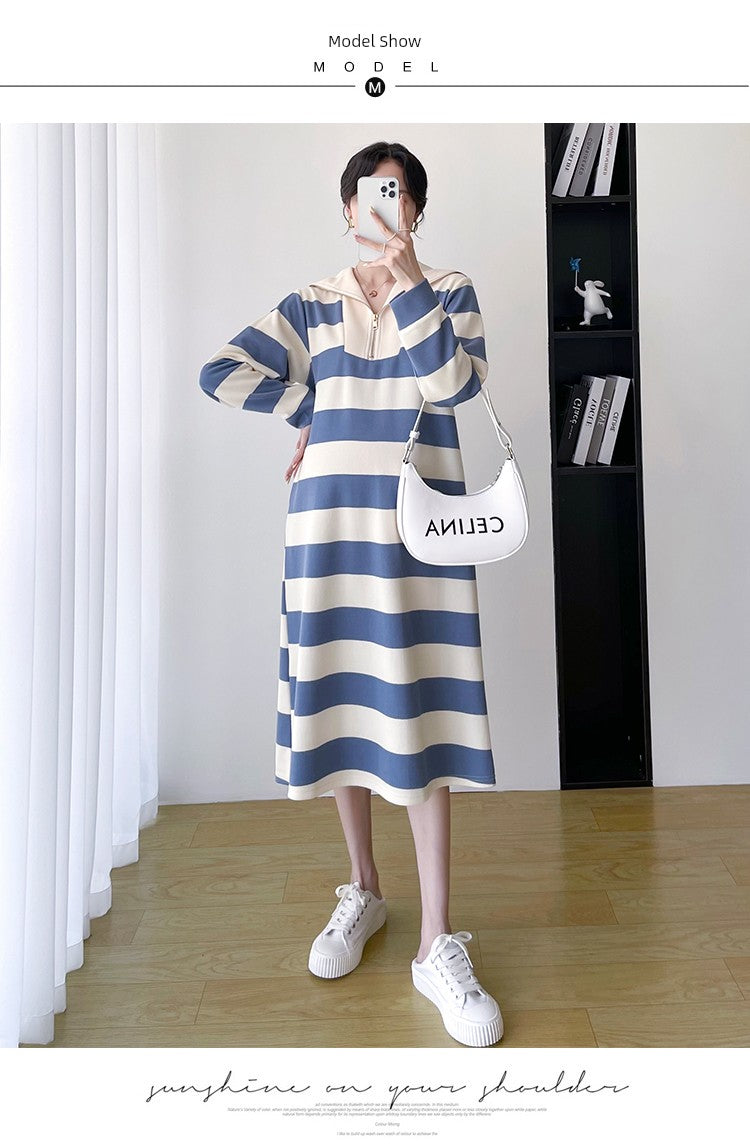 2025 Spring Clothing New Arrival K-style Plus Size Maternity Stripes Dress Fashionable Mom Pullover Sweatshirt Lapel Long Skirt