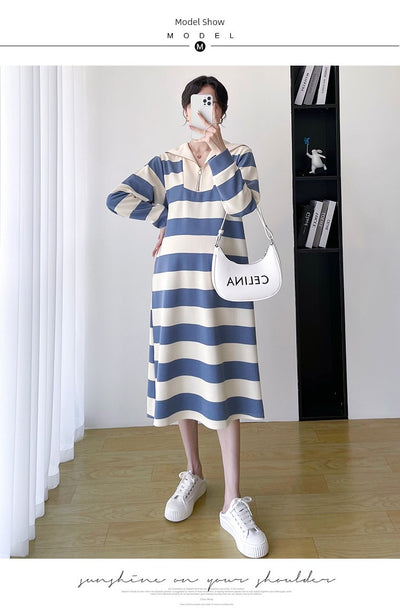 2025 Spring Clothing New Arrival K-style Plus Size Maternity Stripes Dress Fashionable Mom Pullover Sweatshirt Lapel Long Skirt