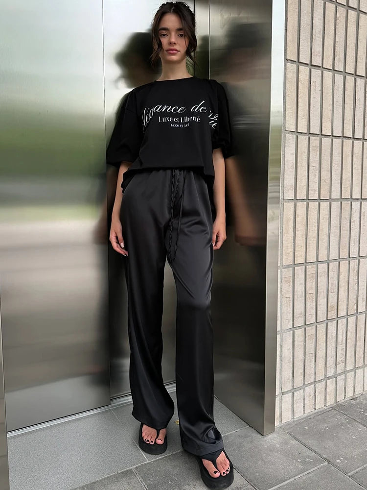 JULISSA MO Satin High Waist Lace Up Women Trousers Pink Casual Basic Elastic Waist Drawstring Pant Lady Loose Elegant Streetwear