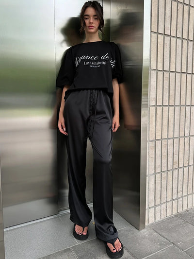 JULISSA MO Satin High Waist Lace Up Women Trousers Pink Casual Basic Elastic Waist Drawstring Pant Lady Loose Elegant Streetwear