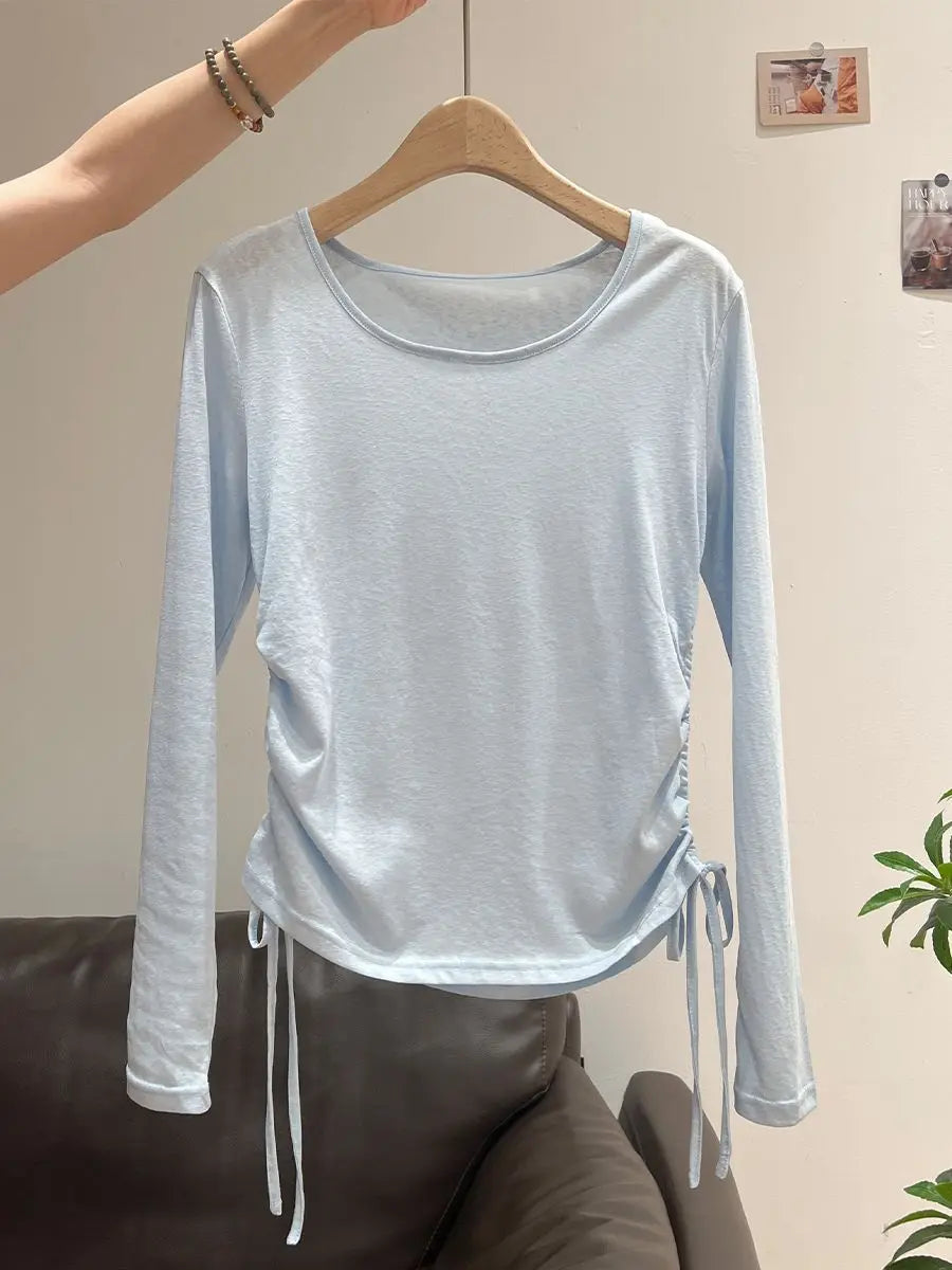 2025 New Summer Women's Light Blue Cooling Sun Protection Top Shirring Detail Loose Sheer Thin Blouse Y2k Korean Fashion Clothes