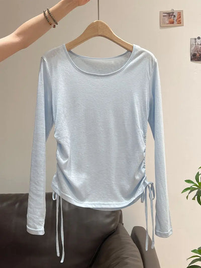 2025 New Summer Women's Light Blue Cooling Sun Protection Top Shirring Detail Loose Sheer Thin Blouse Y2k Korean Fashion Clothes
