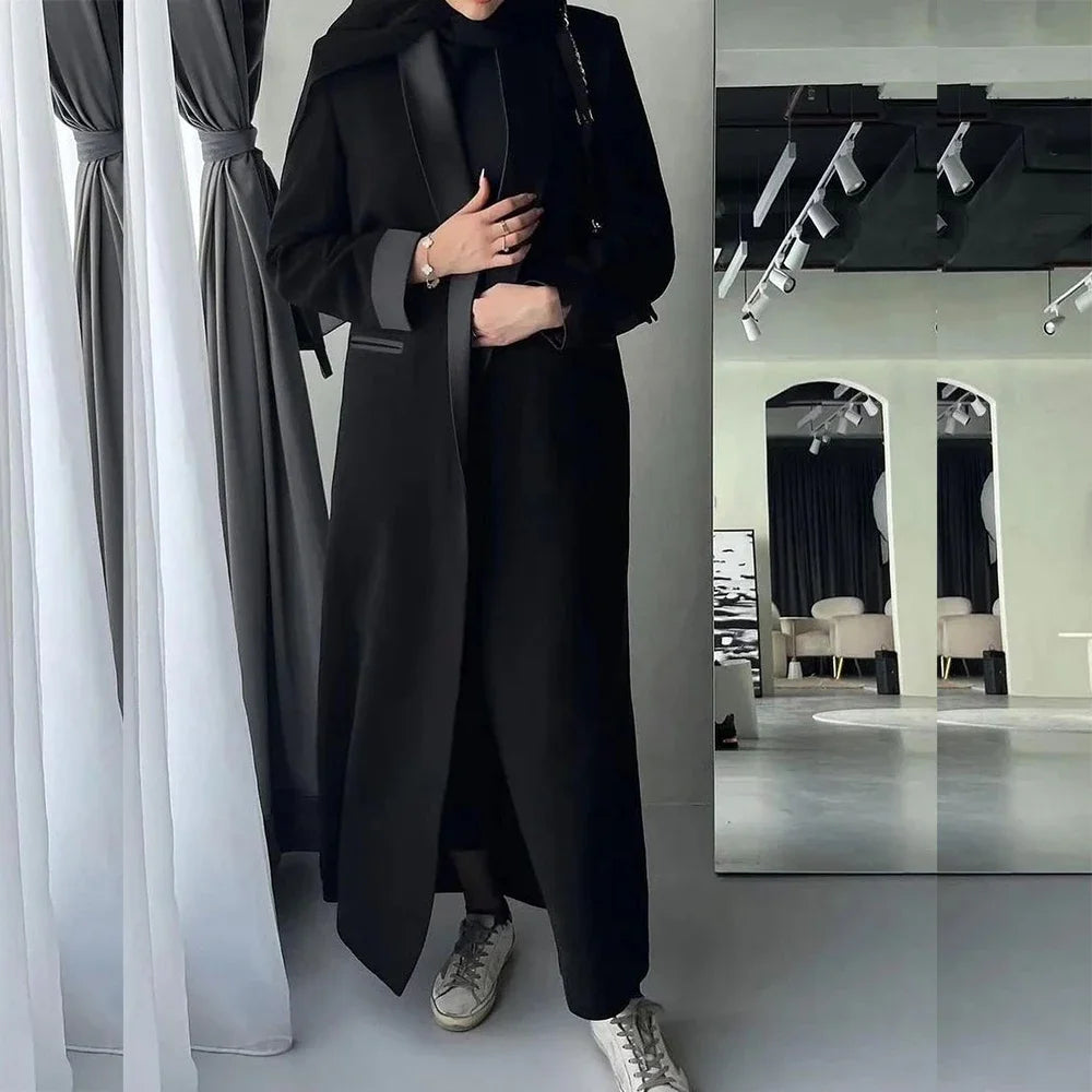 Black Women's Blazer 2025 Female Jacket 1 Piece Long Coat Single Breasted Shawl Lapel Luxury Muslim Abayas Office Lady Clothing