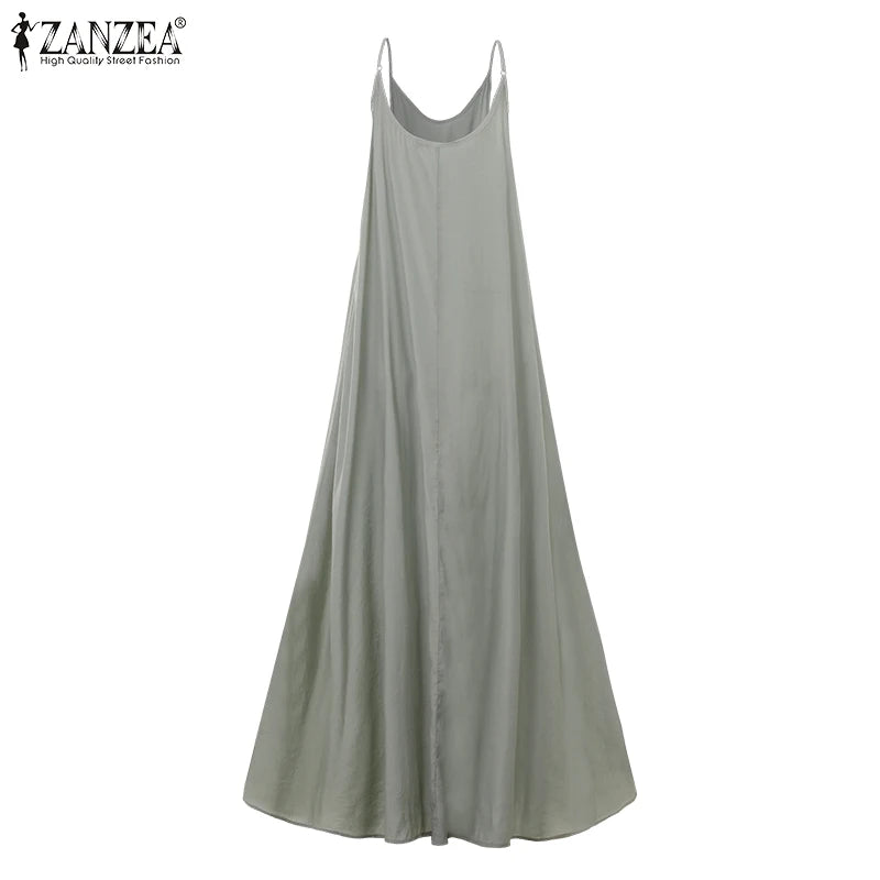 ZANZEA 2024 Summer Holiday Beach Sundress Women Sleeveless Dress Big Swing Vestidos Casual Sexy Bohemian Solid Color Robe Femme