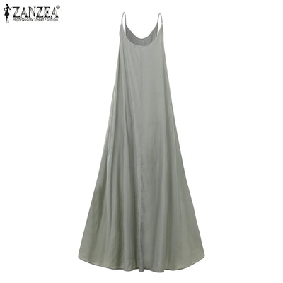 ZANZEA 2024 Summer Holiday Beach Sundress Women Sleeveless Dress Big Swing Vestidos Casual Sexy Bohemian Solid Color Robe Femme