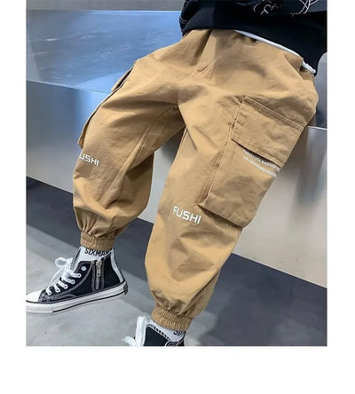 2025 New Boys Cargo Pants Spring Autumn Casual Long Style Trousers Kids Joggers Children Sport Outdoor Pants 4-14 Years