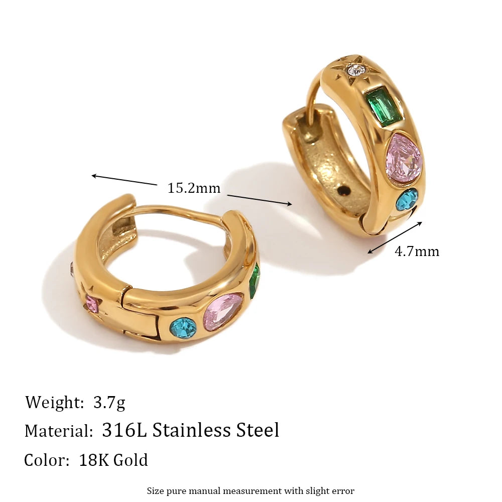 E.B.belle Colorful Zircon Hoop Earrings Tarnish Free 18K Gold Plated Earrings for Women 316L Stainless Steel Jewelry